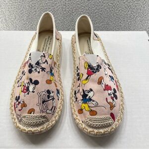 TOMS Rope Slip-ons Women 6 Pink Canvas Mickey Mouse Print Espadrille